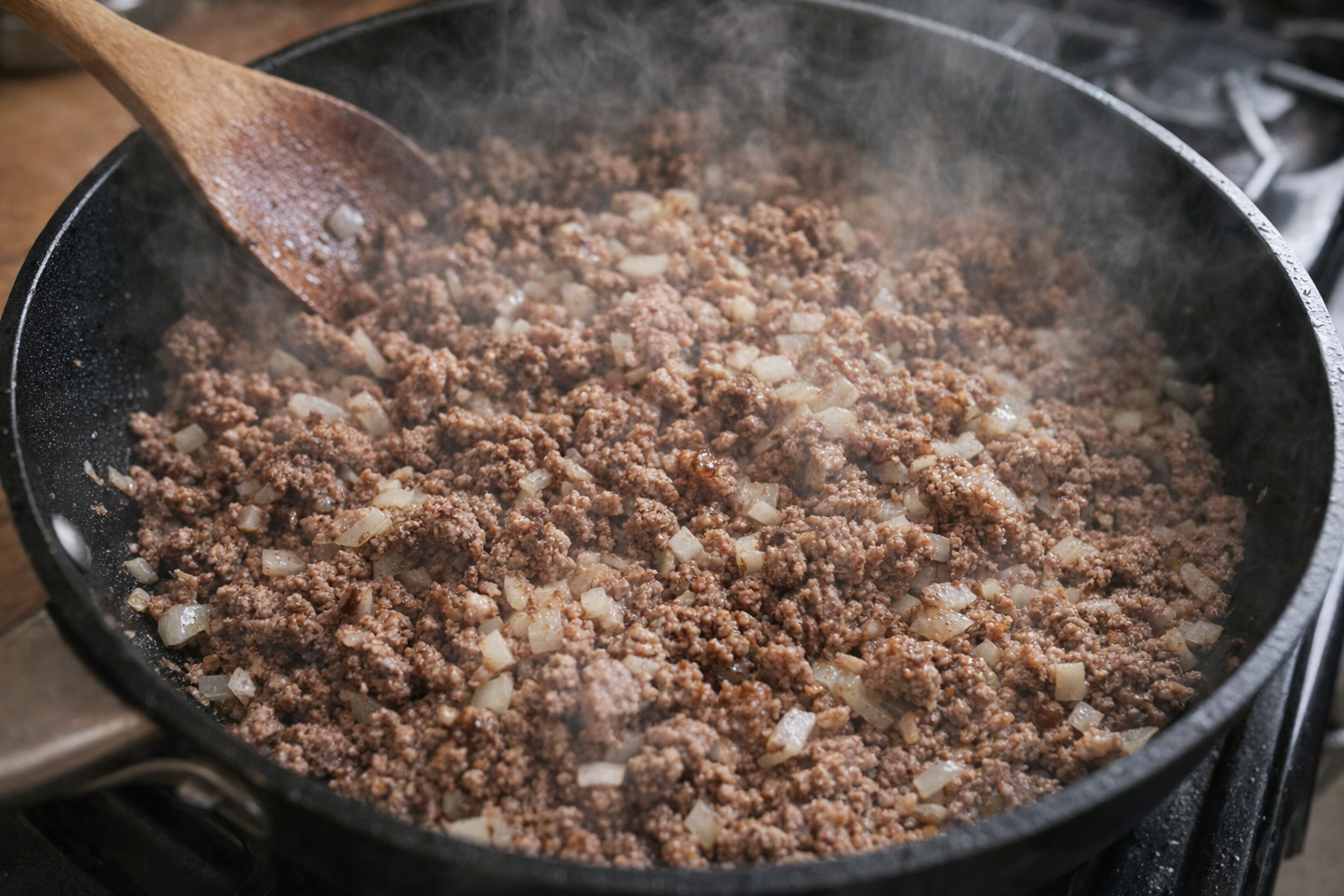 A close-up, overhead shot of ground beef and sausage crumbles sauteing in a pan with diced onions, steam rising, warm lighting